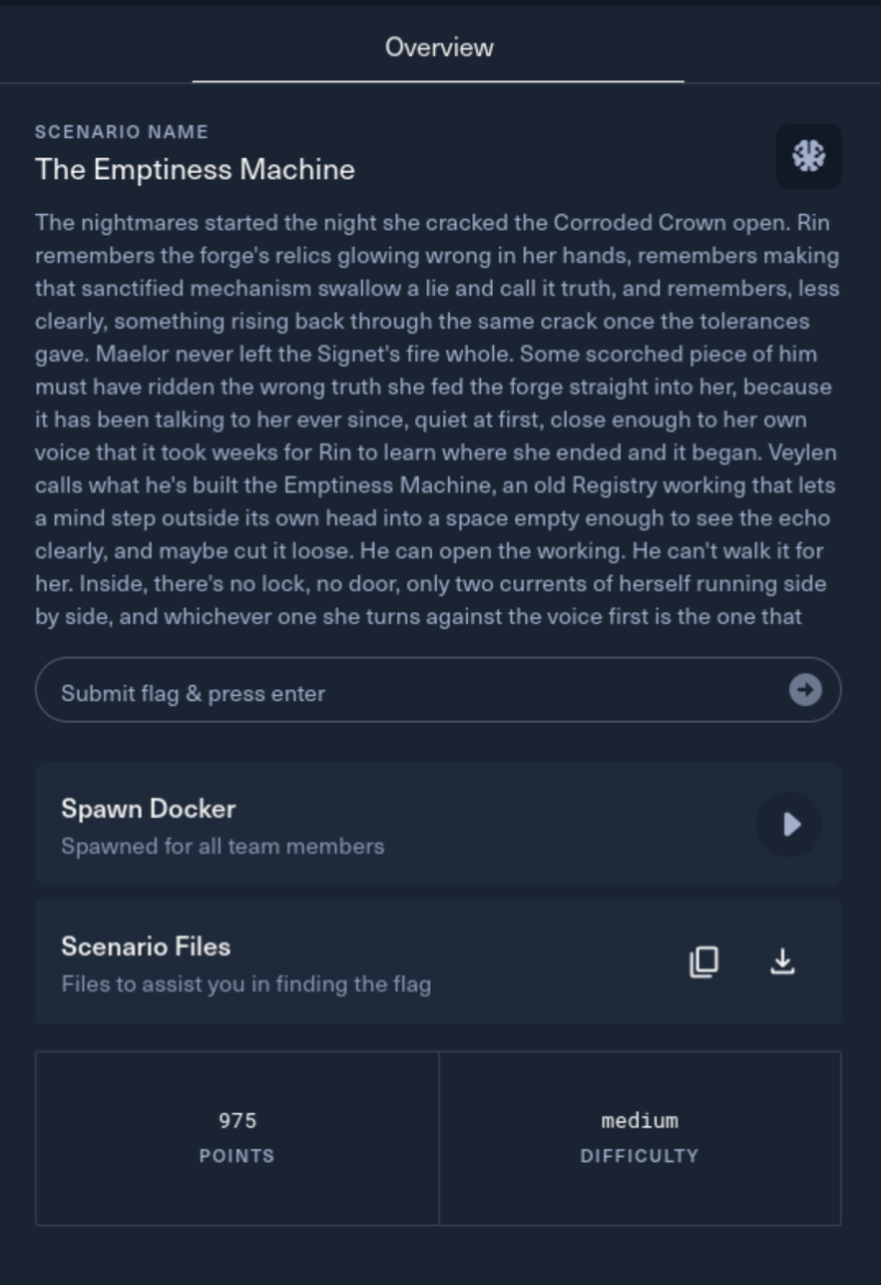 The Emptiness Machine challenge overview showing its story, medium difficulty, and 975-point value